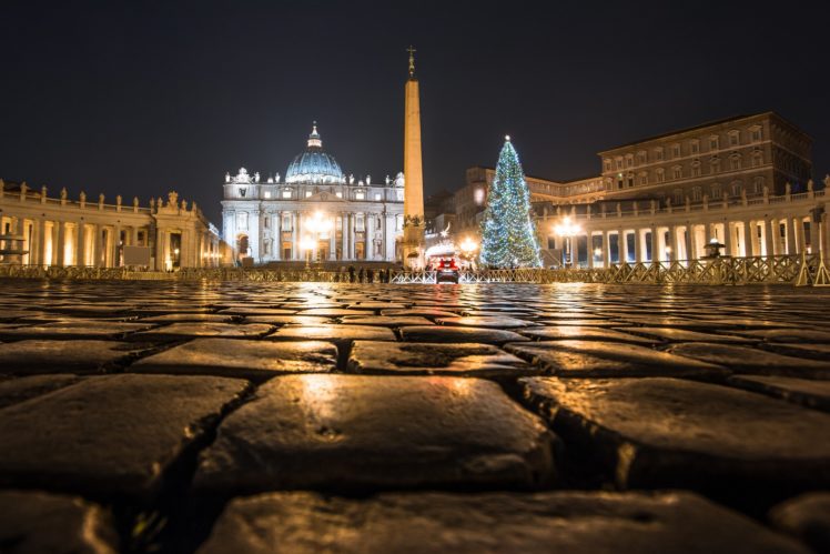 vatican, Vatican, Cathedral, Night, Lights, Square, Colonnade, Tree, Monument, City, Christmas, Rome, Italy HD Wallpaper Desktop Background