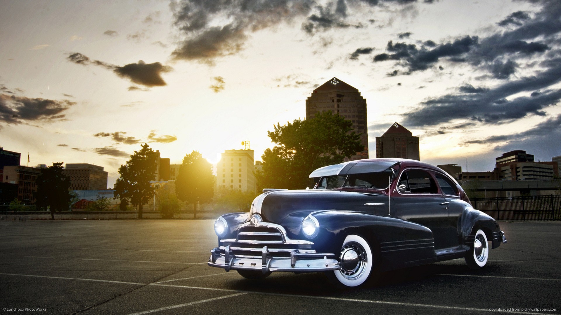 retro, Classic, Cars, Buildings, Cities, Sunset, Sky, Clouds Wallpaper