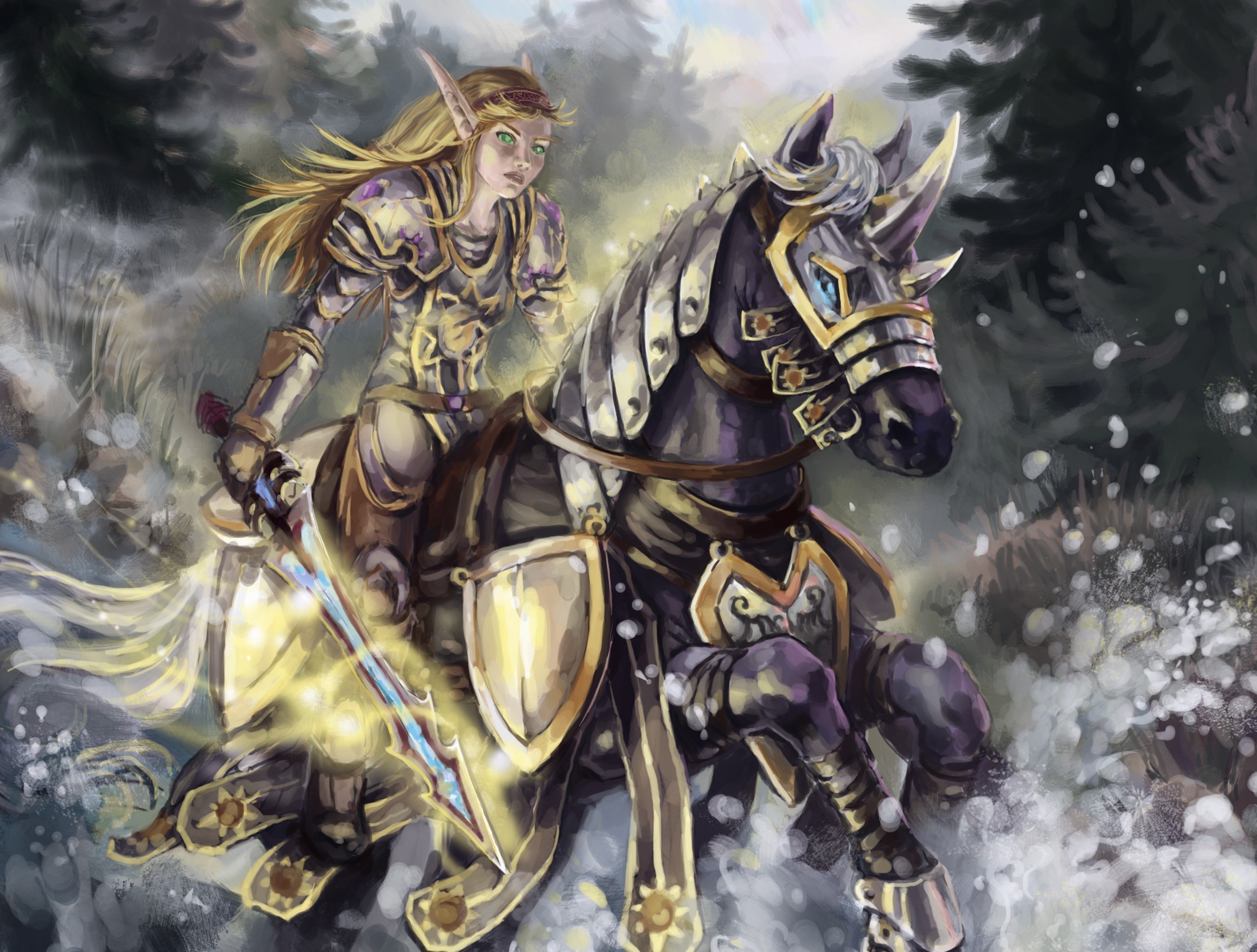world, Of, Warcraft, Wow, Elves, Horses, Warriors, Painting, Art, Armor, Swords, Games, Girls, Fantasy Wallpaper