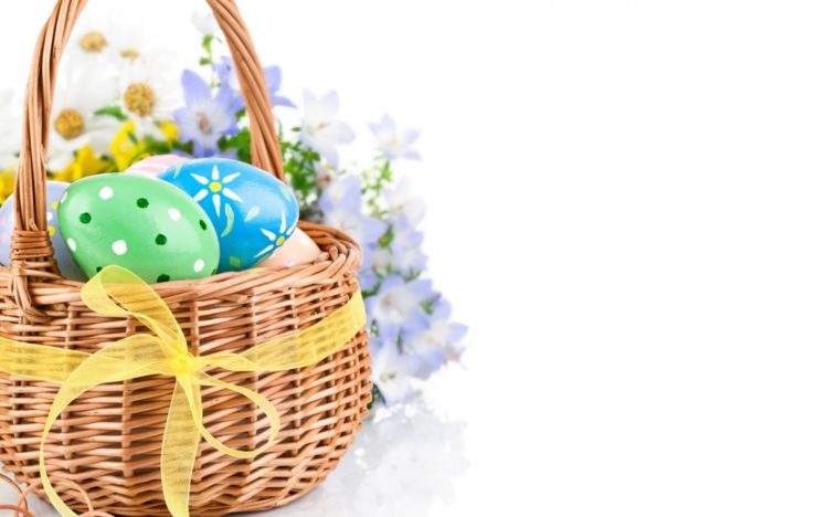 holidays, Easter, Wicker, Basket, Eggs, Ribbon HD Wallpaper Desktop Background