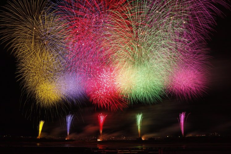 fireworks, City, Sea, Colors, Lights, Sky HD Wallpaper Desktop Background