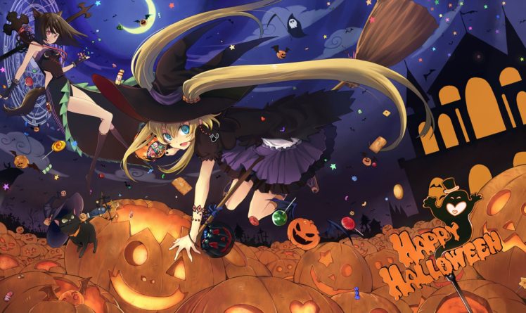 girls, Aki,  mare, Desiderii , Animal, Ears, Halloween, Original, Pumpkin, Witch HD Wallpaper Desktop Background