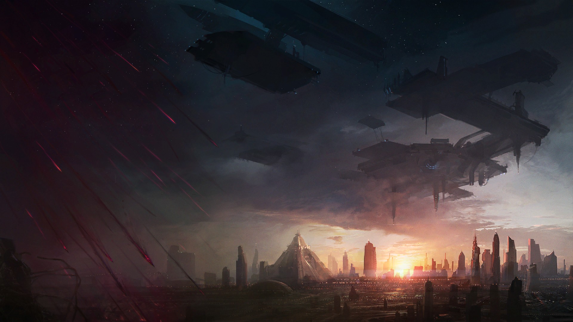 sci fi, Starcraft, City, Spaceships, Sunset, Drawing Wallpaper