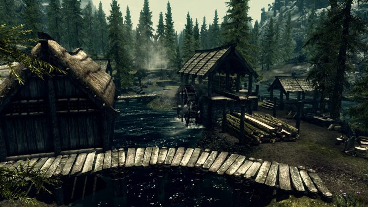 skyrim, Elder, Scrolls, Watermill, Trees HD Wallpaper Desktop Background