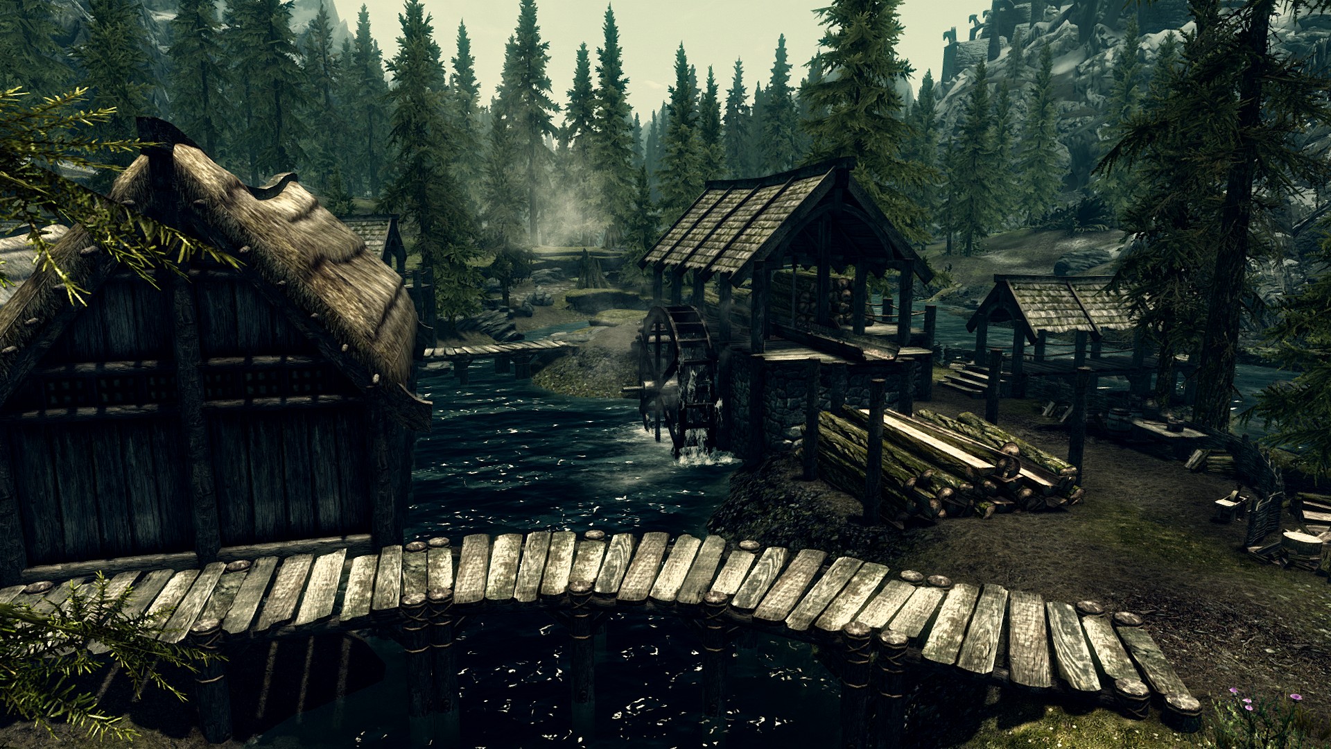 skyrim, Elder, Scrolls, Watermill, Trees Wallpaper