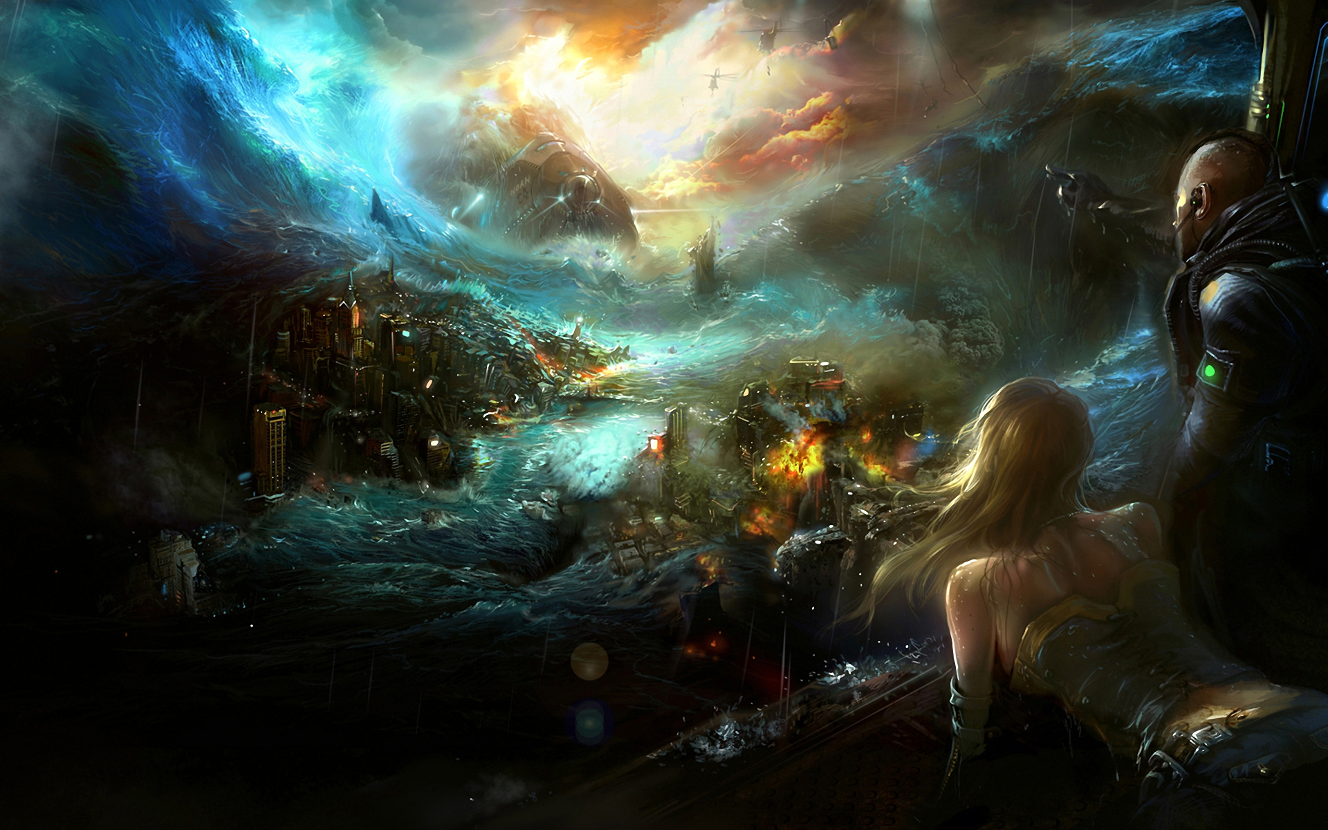 noah, Legend, Catastrophe, Wave, Helicopter, Man, Woman, Fantasy Wallpaper