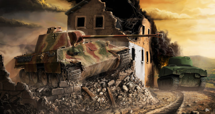 world, Of, Tanks, Tanks, Ruins, Painting, Art, Panther, Sherman HD Wallpaper Desktop Background