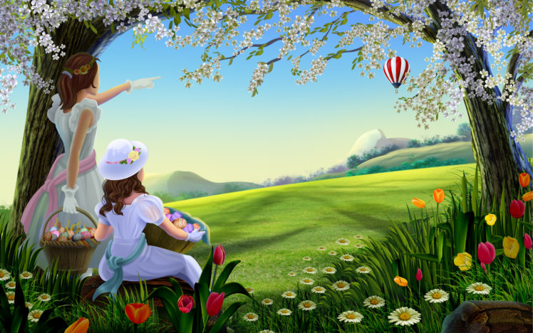 girls, Anime, Fantasy, Balloon, Flower, Blossom, Easter HD Wallpaper Desktop Background
