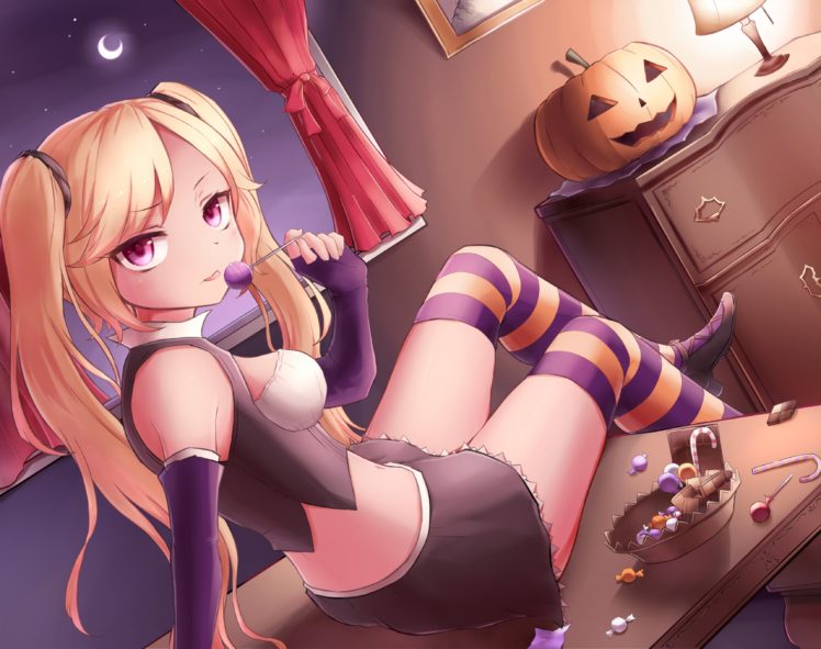 blonde, Hair, Candy, Halloween, Lollipop, Long, Hair, Neit, Ni, Sei, Original, Pink, Eyes, Pumpkin, Skirt, Thighhighs, Twintails HD Wallpaper Desktop Background
