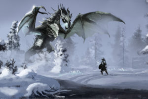 art, Skyrim, Winter, Snow, Dragon, Warrior, River, Stream, Forest, Magic, Dragons, Fantasy, Warrior, Warriors, Elder, Scrolls