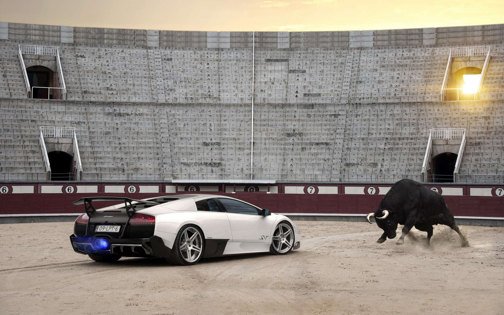 lamborghini, Murcielago, Sv, Bull, Arena, Sunlight, Flame, Backfire, Supercar, Supercars Wallpaper