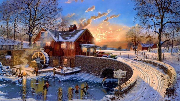 winter, Snow, Nature, Landscape, Town, Village, City, Cities, Art, Artwork, Christmas HD Wallpaper Desktop Background