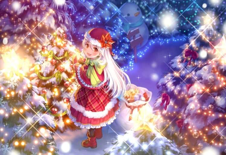 boots, Cat, Smile, Christmas, Hat, Long, Hair, Maruyama jp, Orange, Eyes, Original, Santa, Costume, Santa, Hat, Snow, Snowman, Tree, White, Hair HD Wallpaper Desktop Background