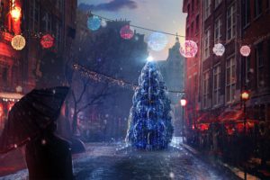 christmas, Holidays, Pictorial, Art, Street, Christmas, Tree, Umbrella, Cities