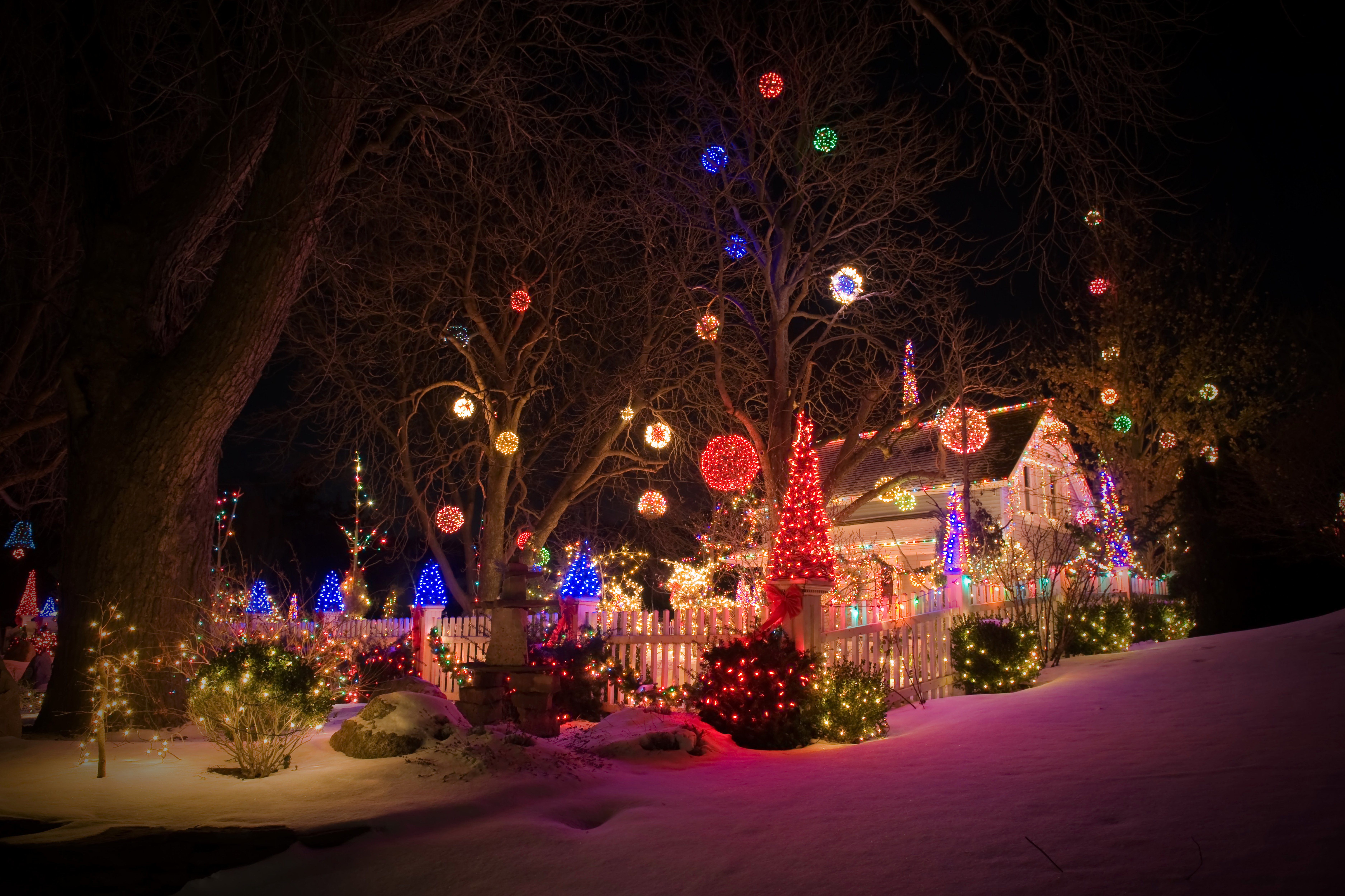 holidays, Christmas, Houses, Snow, Christmas, Tree, Fairy, Lights, Night, Shrubs, Cities Wallpaper