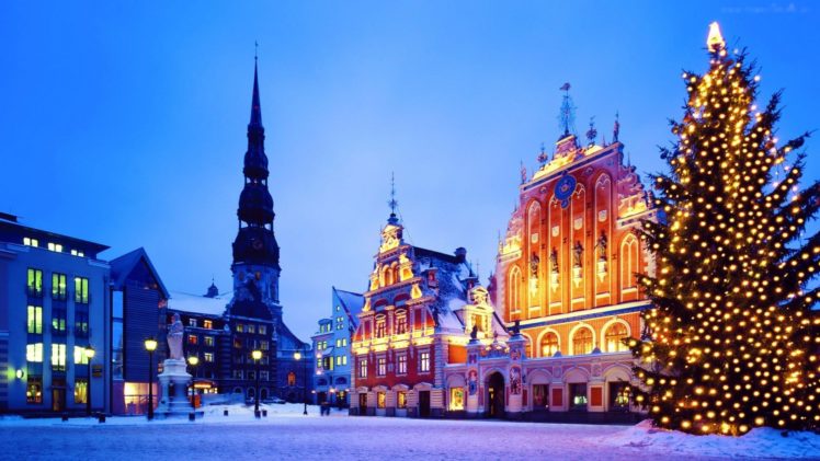 riga, Latvia, Buildings, Houses, Church, Bell, Tower, Square, Tree, Tree, Lights, Night, Sunset, City HD Wallpaper Desktop Background