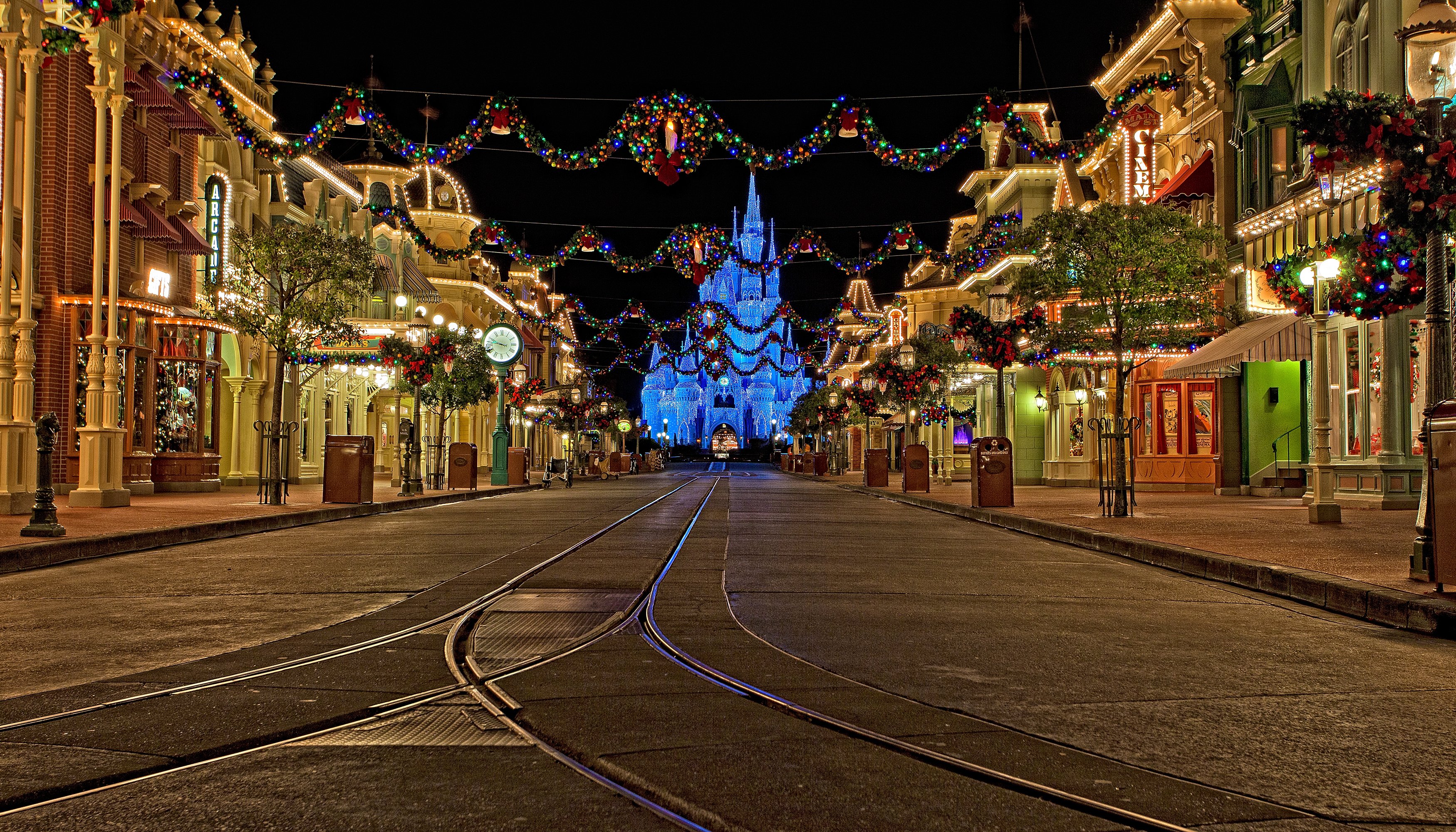 usa, Parks, Disneyland, Christmas, Houses, California, Anaheim, Street, Night, Fairy, Lights, Cities Wallpaper