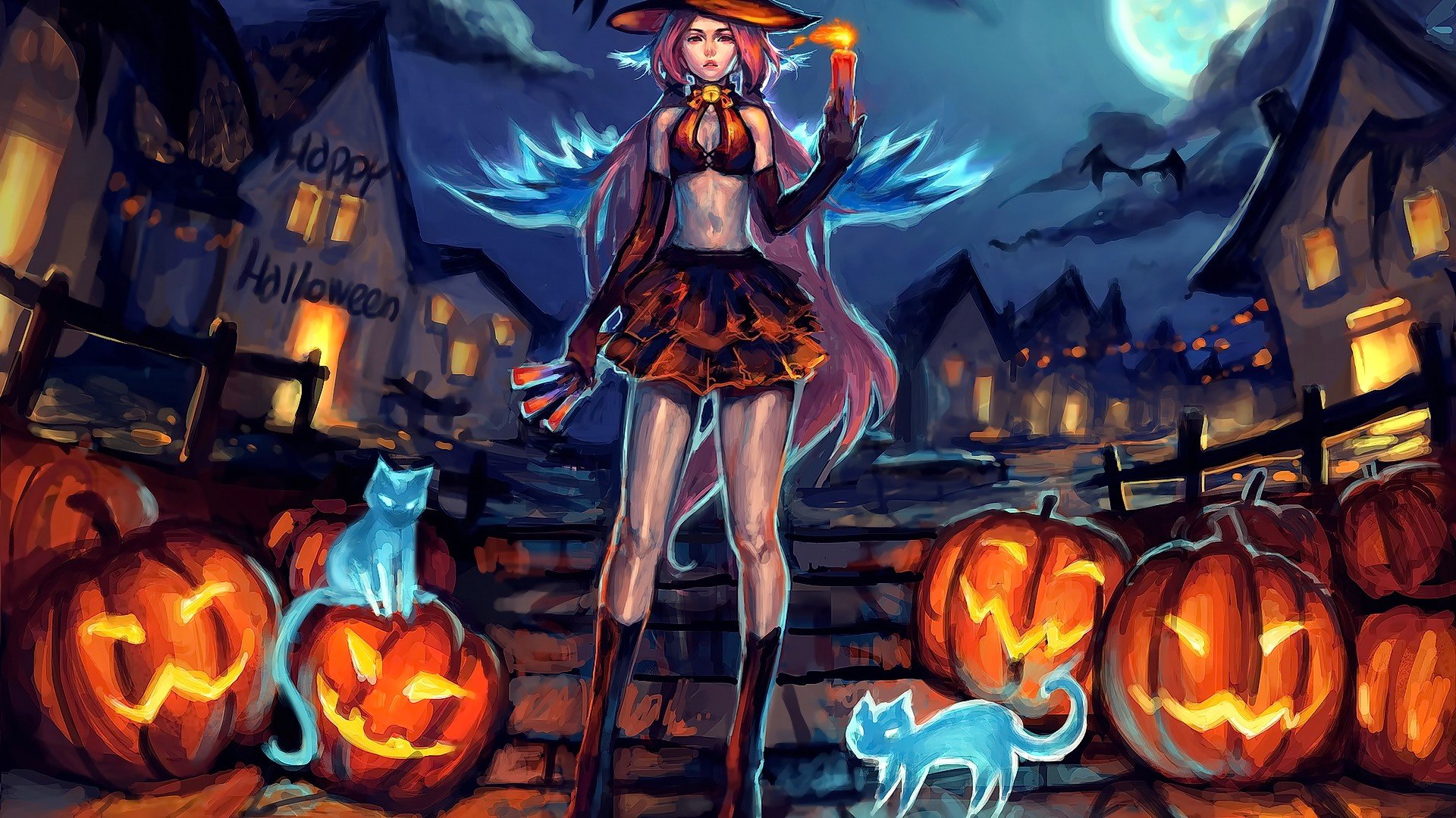 bruja, Halloween, Calabaza, Gatos Wallpaper