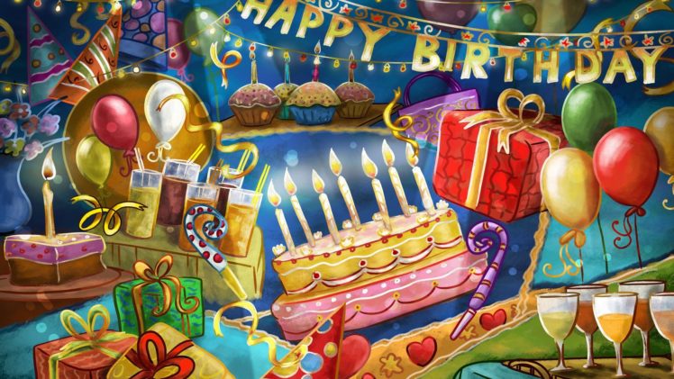 happy, Birthday, Present, Balloons, Cake, Cocktails HD Wallpaper Desktop Background