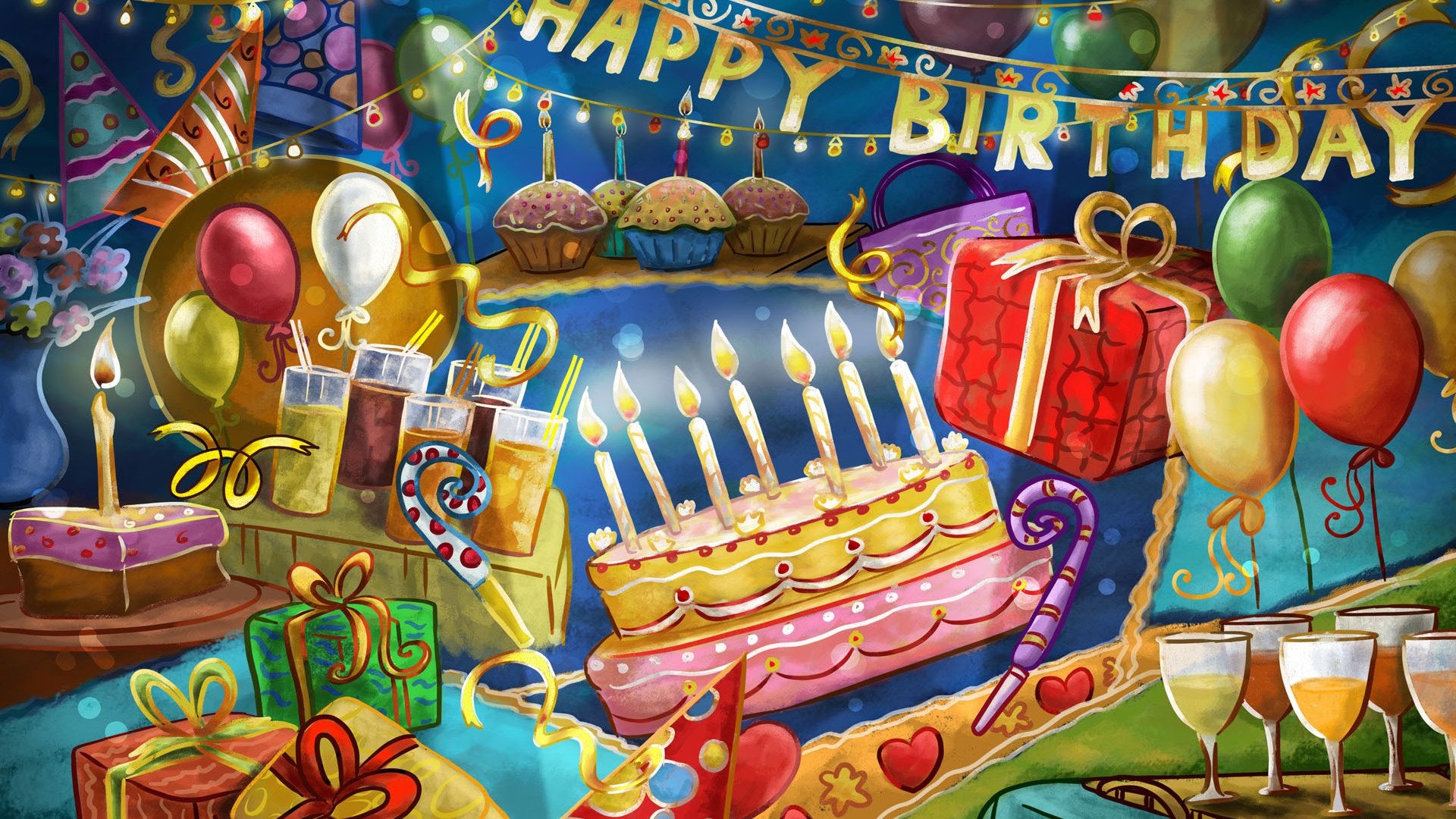 happy, Birthday, Present, Balloons, Cake, Cocktails Wallpaper
