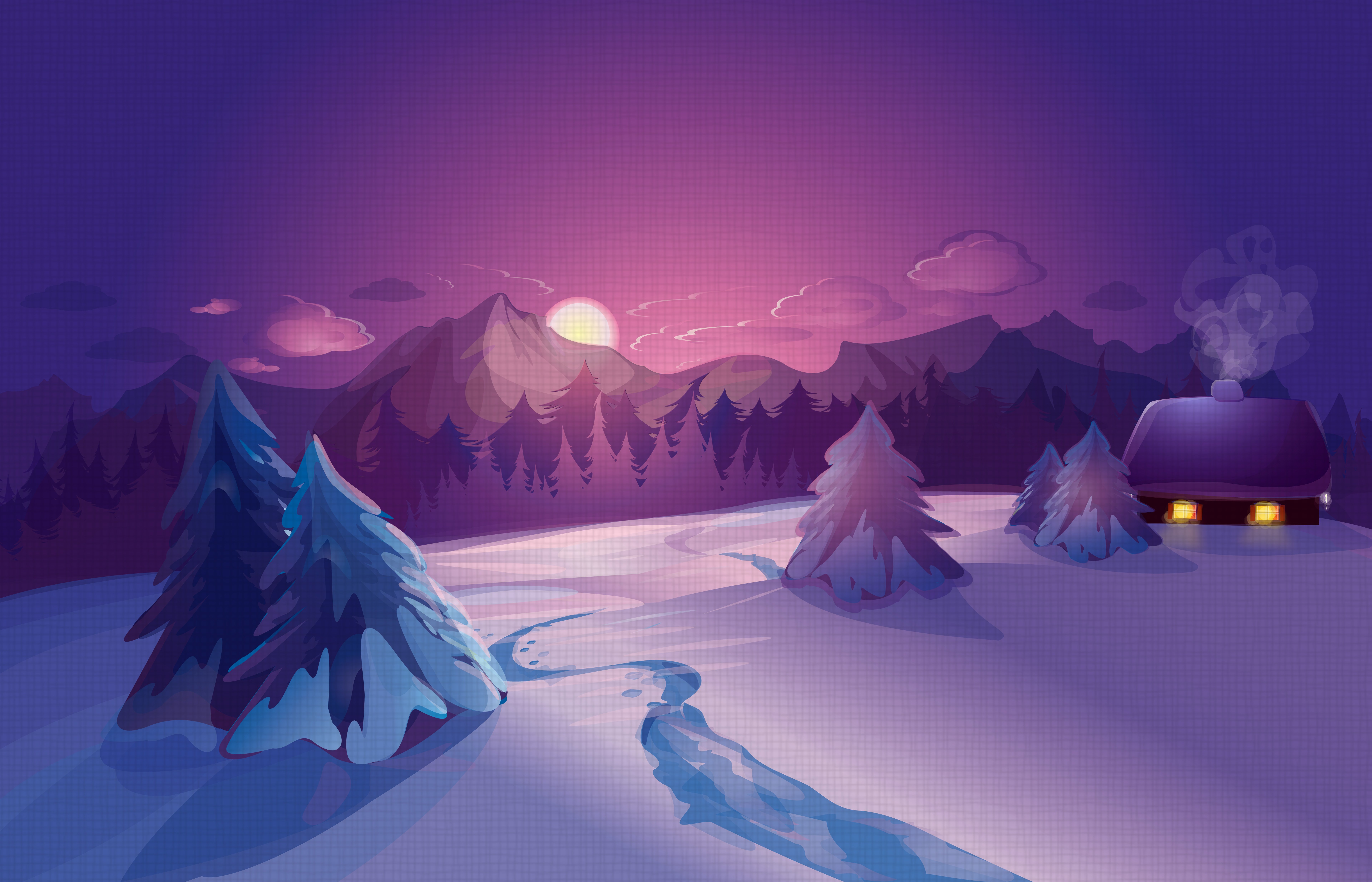 vector, Graphics, Sunrises, And, Sunsets, Scenery, Winter, Snow, Fir