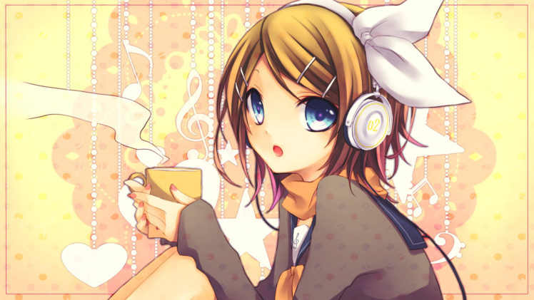 vocaloid, Drink, Headphones, Kagamine, Rin, Kuroi, Scarf, Yellow HD Wallpaper Desktop Background