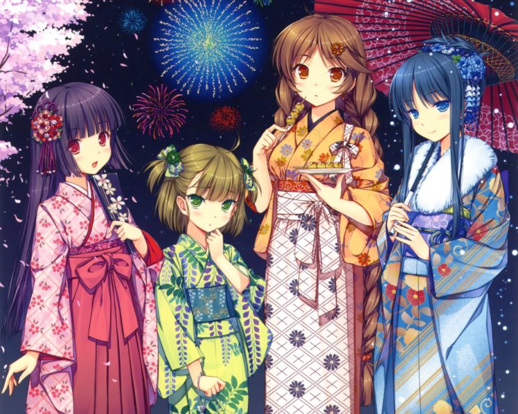 original, Black, Hair, Brown, Hair, Fireworks, Japanese, Clothes, Original, Sayori, Yukata HD Wallpaper Desktop Background