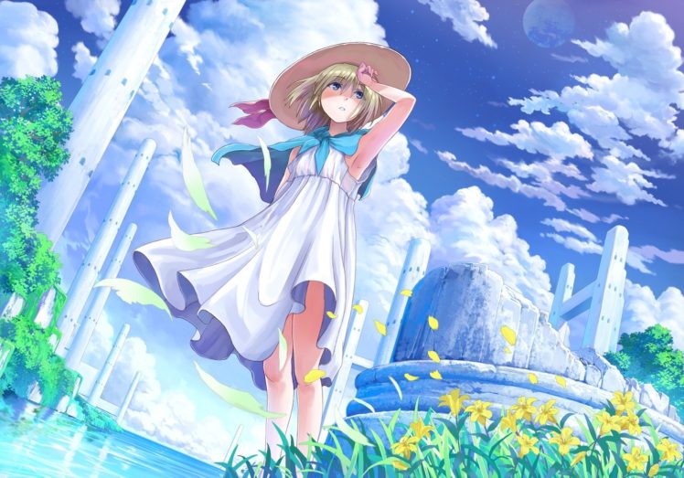 anime, Girl, Flower, Dress, Sky, Clouds HD Wallpaper Desktop Background
