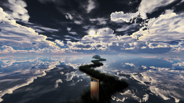 clouds, Grass, Landscape, Moon, Original, Scenic, Sky, Water, Y k, Reflection HD Wallpaper Desktop Background