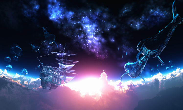 original, Animal, Boat, Clouds, Fish, Original, Scenic, Sky, Stars, Y k, Fantasy HD Wallpaper Desktop Background