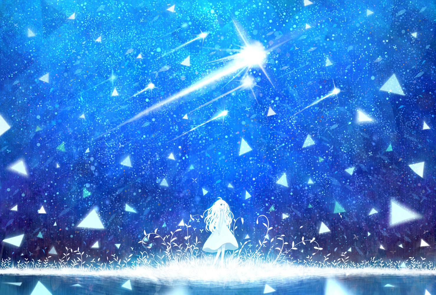 original, Blue, Bou, Nin, Dress, Grass, Original, Sky, Stars, Water, White, Hair Wallpaper