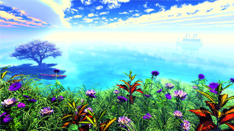 original, Boat, Clouds, Flowers, Grass, Landscape, Original, Scenic, Sky, Tree, Water, Y k HD Wallpaper Desktop Background