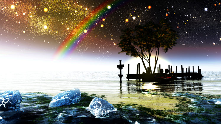 original, Boat, Landscape, Original, Rainbow, Scenic, Sky, Stars, Tree, Water, Y k HD Wallpaper Desktop Background