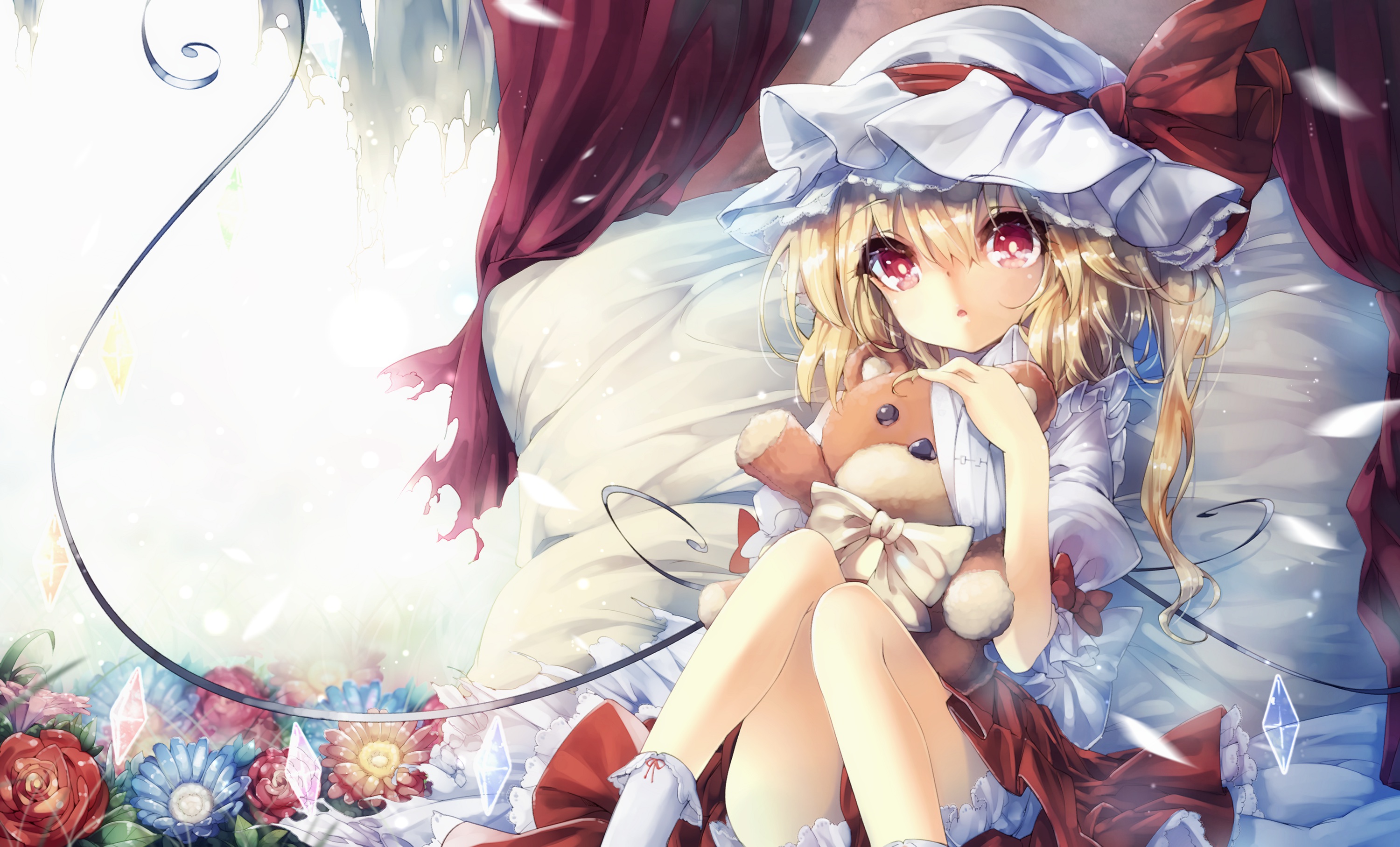 touhou, Flandre, Scarlet, Flowers, Teco, Uk, Teddy, Bear, Touhou Wallpaper
