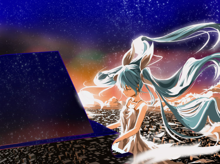 vocaloid, Hatsune, Miku, Reflection, Stars, Piano, Music, Bokeh HD Wallpaper Desktop Background