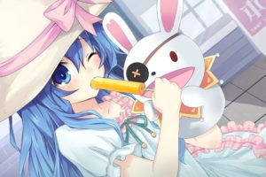 date, A, Live, Blue, Eyes, Blue, Hair, Bow, Bunny, Date, A, Live, Dress, Food, Hat, Ice, Cream, Puppet, Tagme, Wink, Yoshino,  date, A, Live