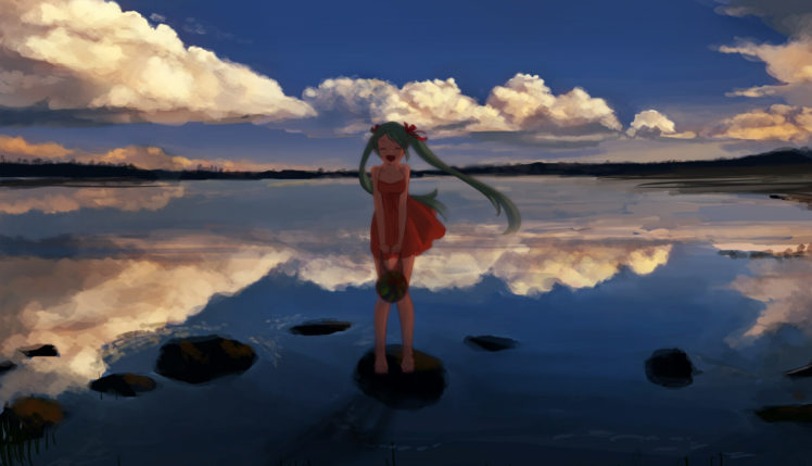 vocaloid, Clouds, Dress, Hatsune, Miku, Sky, Tora, Jon, Twintails, Vocaloid, Water, Watermelon HD Wallpaper Desktop Background