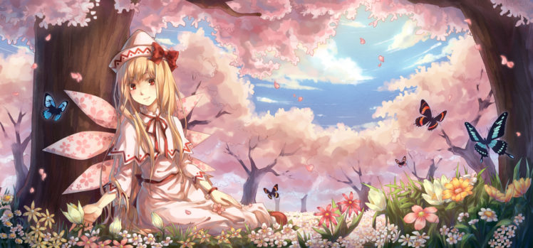 touhou, Butterfly, Cherry, Blossoms, Flowers, Lily, White, Touhou, Wings, Yezhi, Na HD Wallpaper Desktop Background