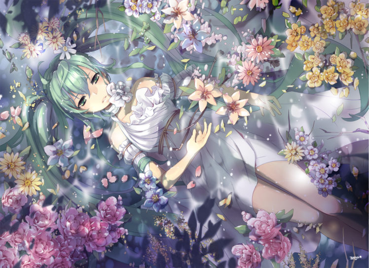 vocaloid, Dress, Flowers, Green, Eyes, Green, Hair, Hatsune, Miku, Long, Hair, Petals, Twintails, Vocaloid, Water, Wet, Zenyu HD Wallpaper Desktop Background