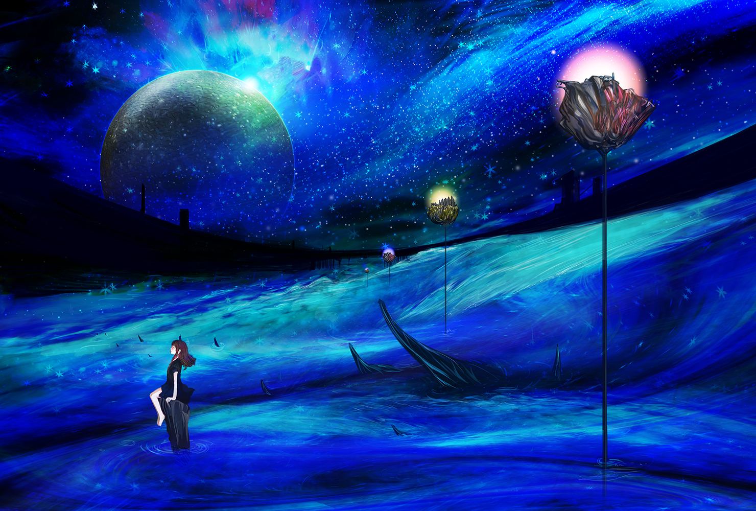 original, Barefoot, Brown, Hair, Dress, Kazaana, Moon, Night, Original, Scenic, Sky, Stars Wallpaper