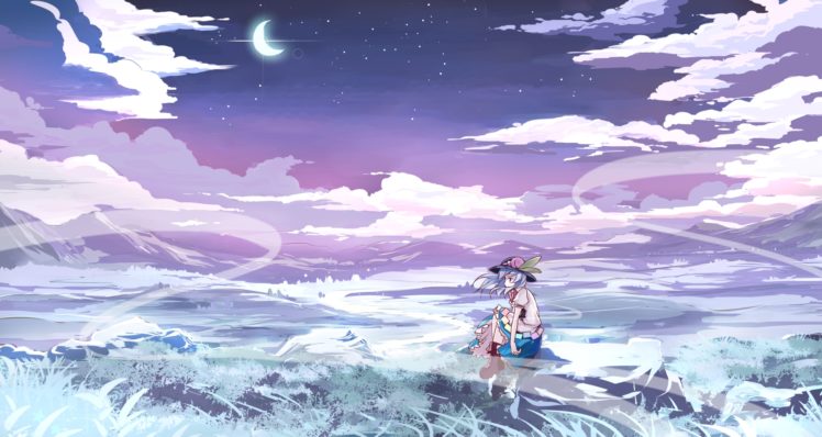 touhou, Clouds, Grass, Hat, Hinanawi, Tenshi, Moon, Risutaru, Sky, Stars, Touhou HD Wallpaper Desktop Background