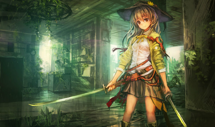 original, Anime, Girl, Kawai, Hat, Cool, Sword, Cute, Weapon HD Wallpaper Desktop Background