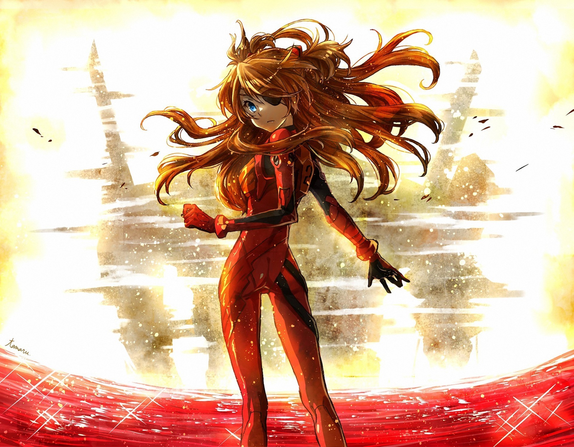 neon, Genesis, Evangelion, Asuka, Langley, Soryu, Girl, Half turn, Red, Bandage Wallpaper