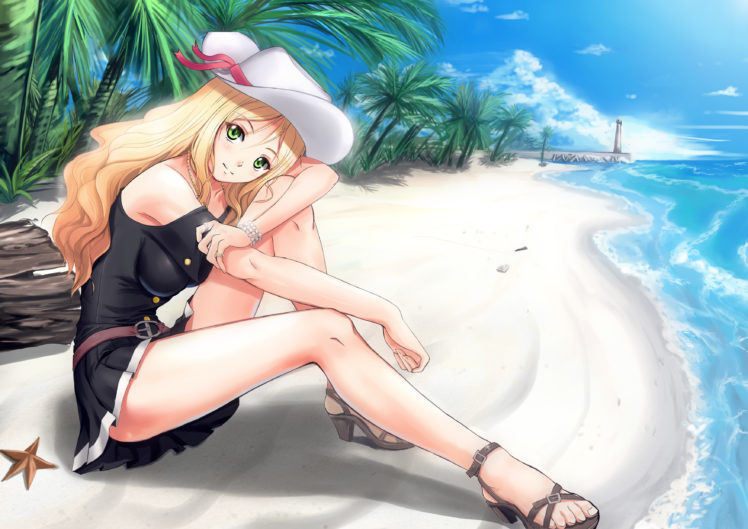 original, Beach, Blonde, Hair, Dress, Green, Eyes, Hat, Original, Soyokaze, Tree, Water HD Wallpaper Desktop Background