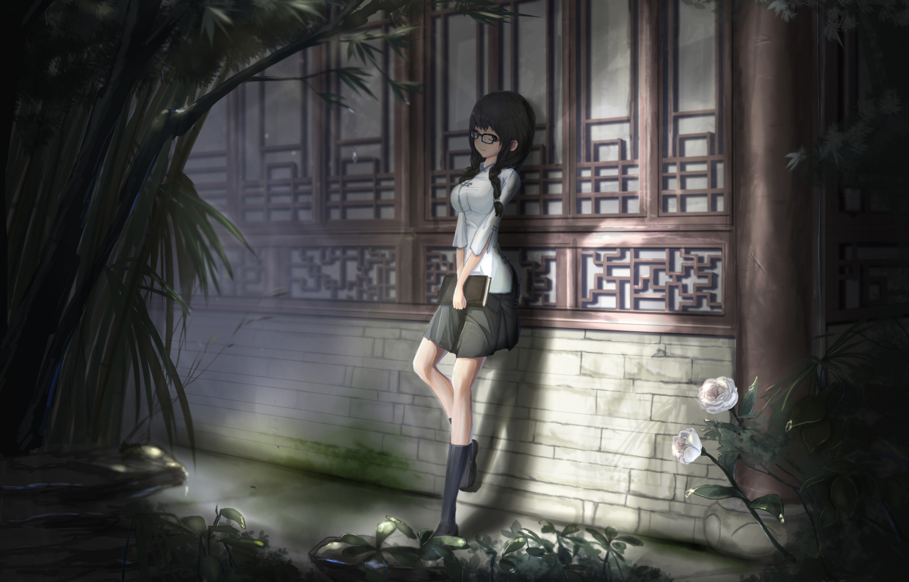 original, Black, Hair, Book, Flowers, Glasses, Kikivi, Original, Rose, Seifuku, Skirt, Mood Wallpaper