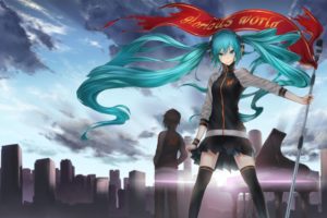 vocaloid, Butterfly, City, Clouds, Hatsune, Miku, Headphones, Instrument, Long, Hair, Microphone, Nidy 2d , Piano, Sky, Thighhighs, Twintails, Vocaloid