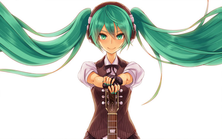 vocaloid, Green, Eyes, Green, Hair, Hatsune, Miku, Long, Hair, Headphones, Guitar HD Wallpaper Desktop Background