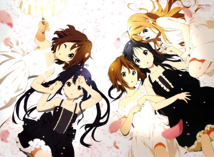 k on , Akiyama, Mio, Dress, Hirasawa, Yui, Horiguchi, Yukiko, K on , Kotobuki, Tsumugi, Nakano, Azusa, Petals, Scan, Tainaka, Ritsu HD Wallpaper Desktop Background