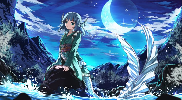 touhou, Moon, Risutaru, Touhou, Wakasagihime, Water HD Wallpaper Desktop Background