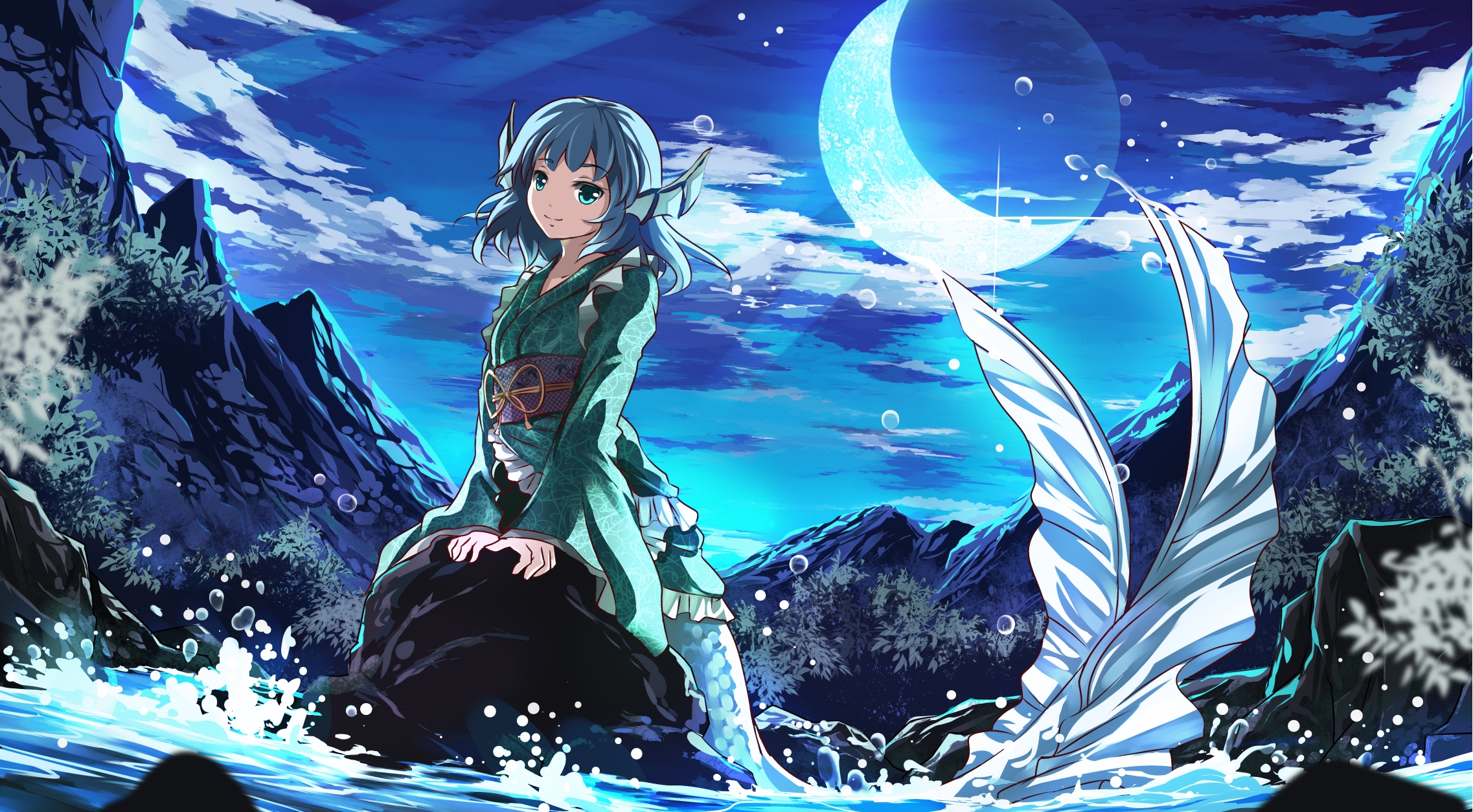 touhou, Moon, Risutaru, Touhou, Wakasagihime, Water Wallpaper
